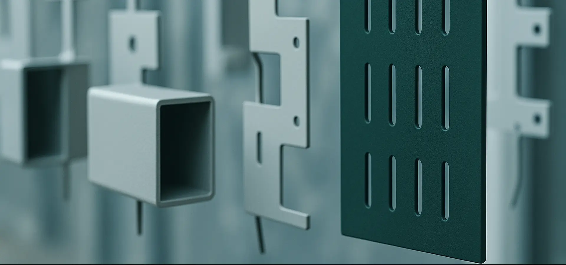 Pulverbeschichtete Metallteile in kühlen Grün- und Grautönen – Symbol für präzise Oberflächentechnik von energycare